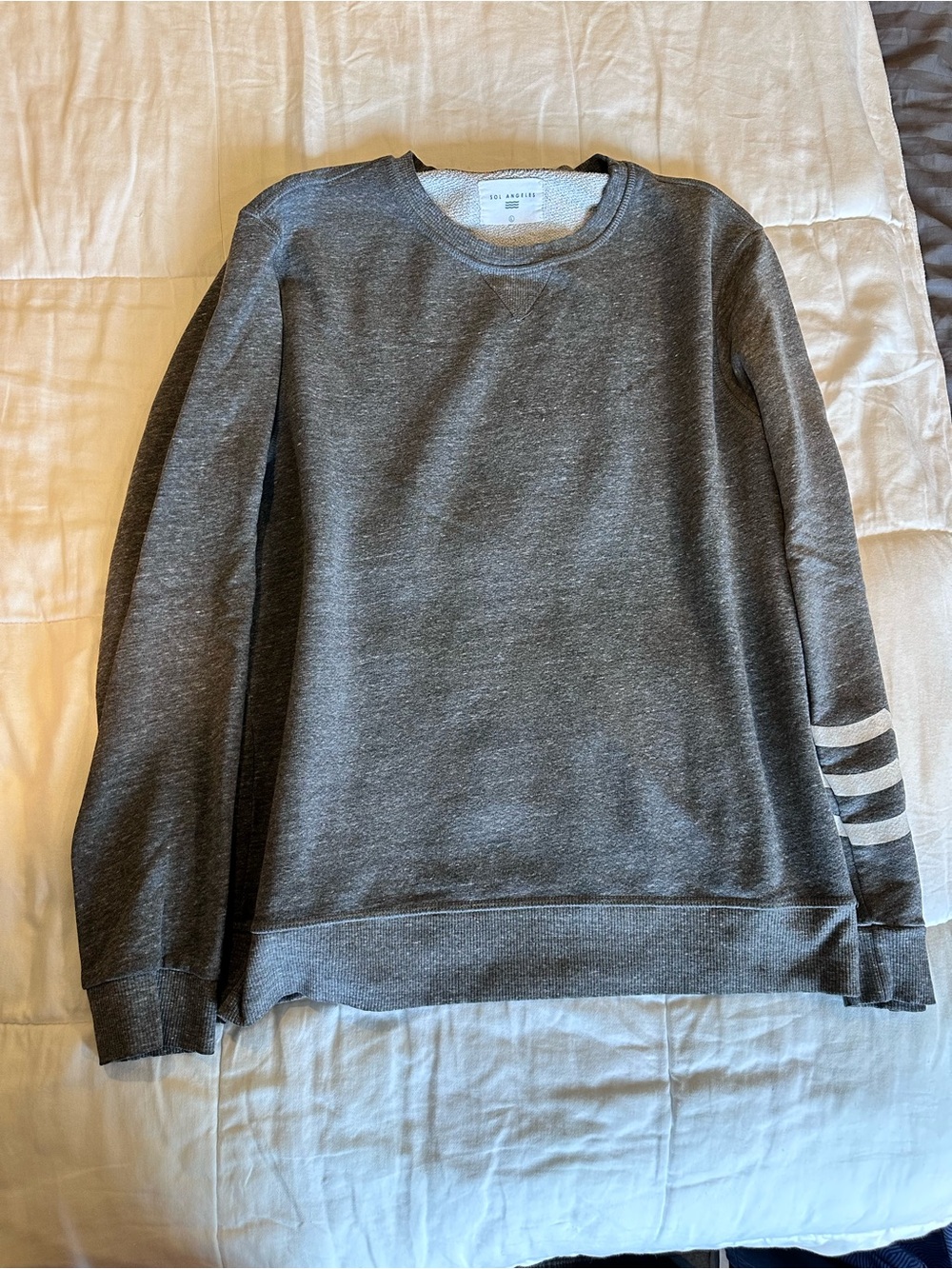 Sol Angeles Charcoal Gray Crewneck Sweater with Sleeve Stripes